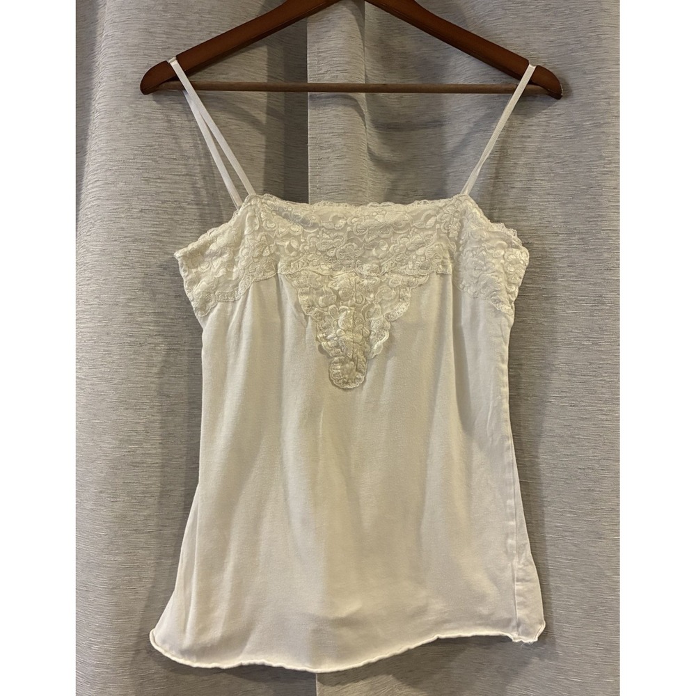 Vintage‎ Self Esteem Cami Tank Top Womens White Lace Trim Y2K Festival